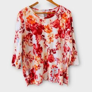 Chicos Watercolor Floral Top Womens Size 3/XL Colorful Arty to Wear 3/4 Sleeve